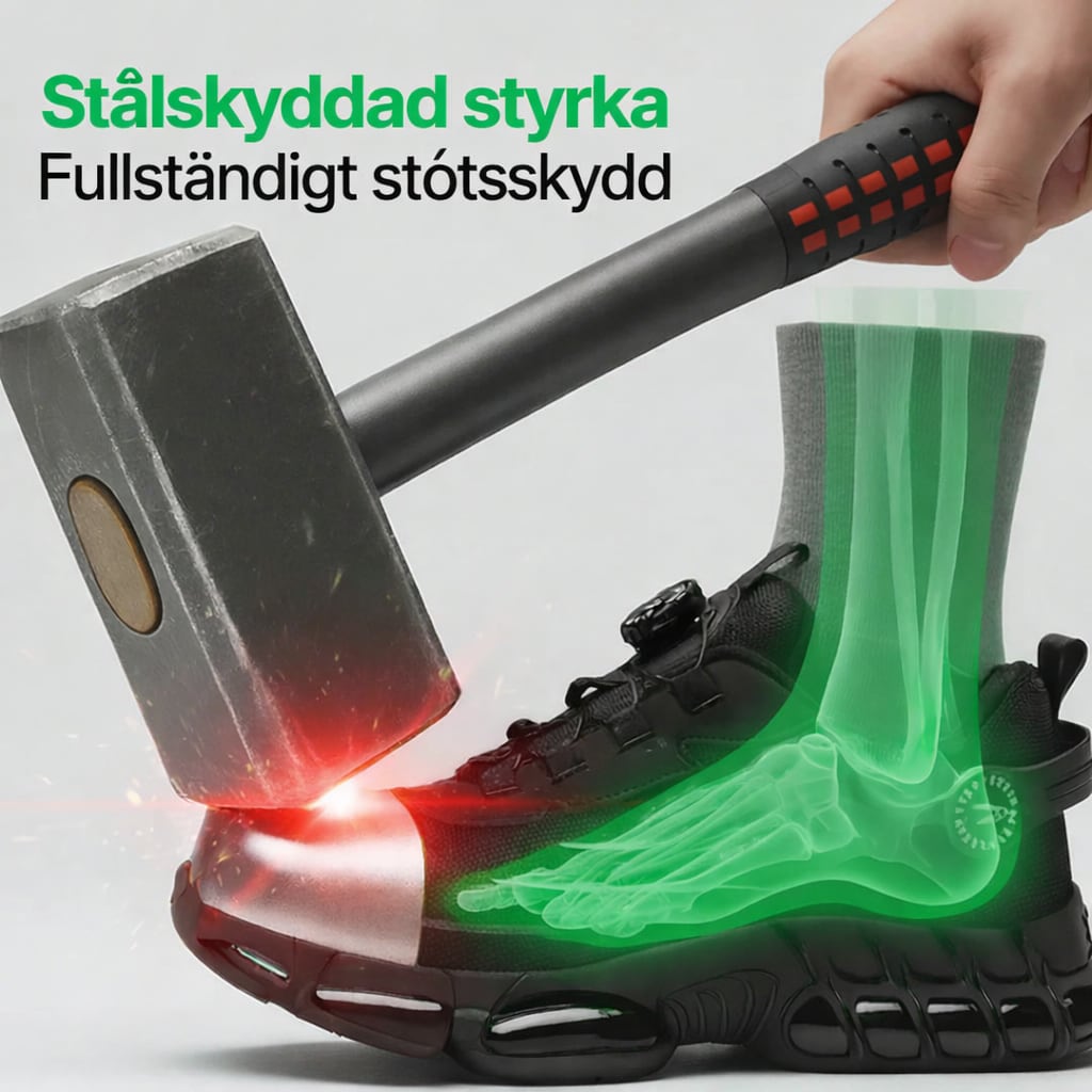 Hammare mot tåhättan på Blitz S3 Pro, illustration av stålskyddet