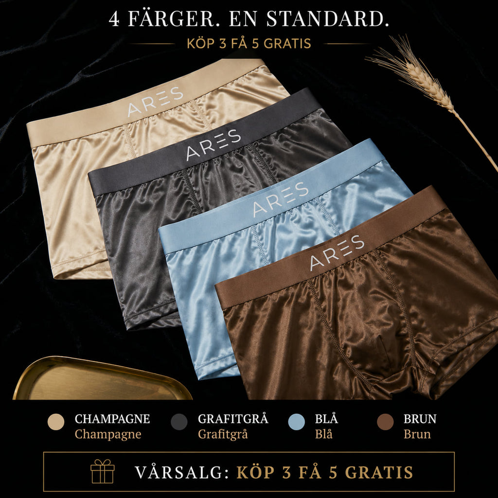 ARES sidenboxershorts i fyra färger: champagne, grafitgrå, blå och brun