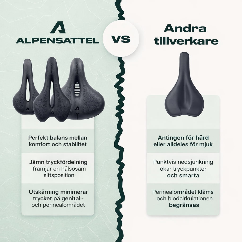 Jämförelsebild Alpensadel mot andra tillverkare: tryckfördelning och sittposition