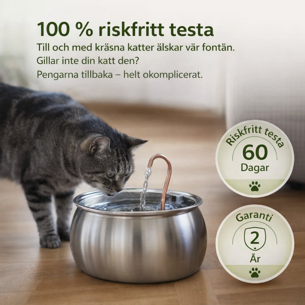 Katt dricker ur NordFlow kattfontän på ett bord