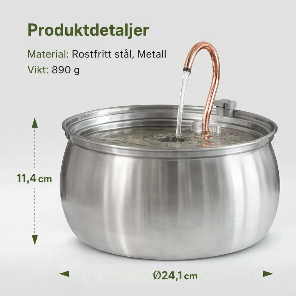 Produktdetaljer NordFlow kattfontän: rostfritt stål, 890 g, 11,4 cm hög, 24,1 cm i diameter