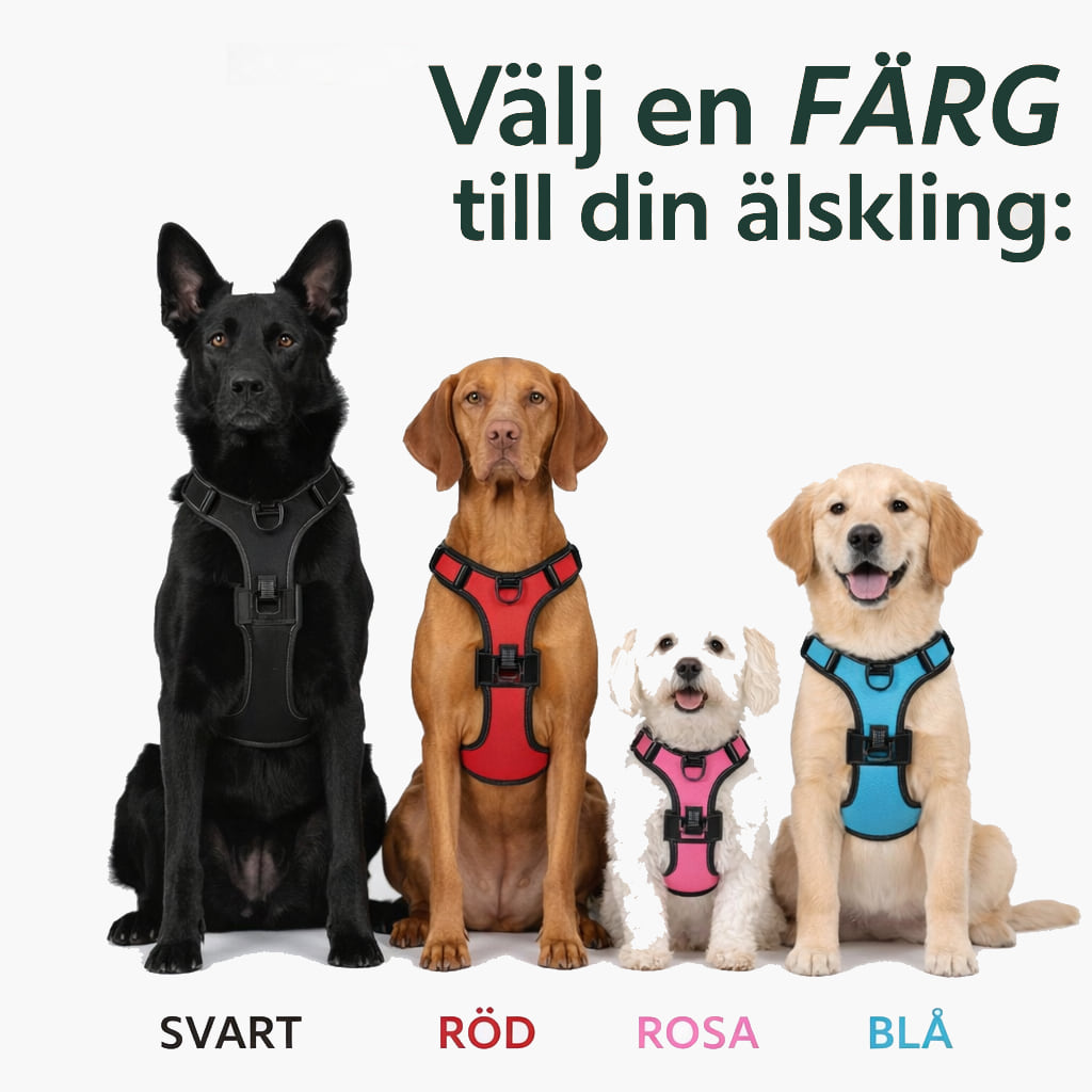 Antidragsele i fyra färger på hundar: svart, röd, rosa och blå