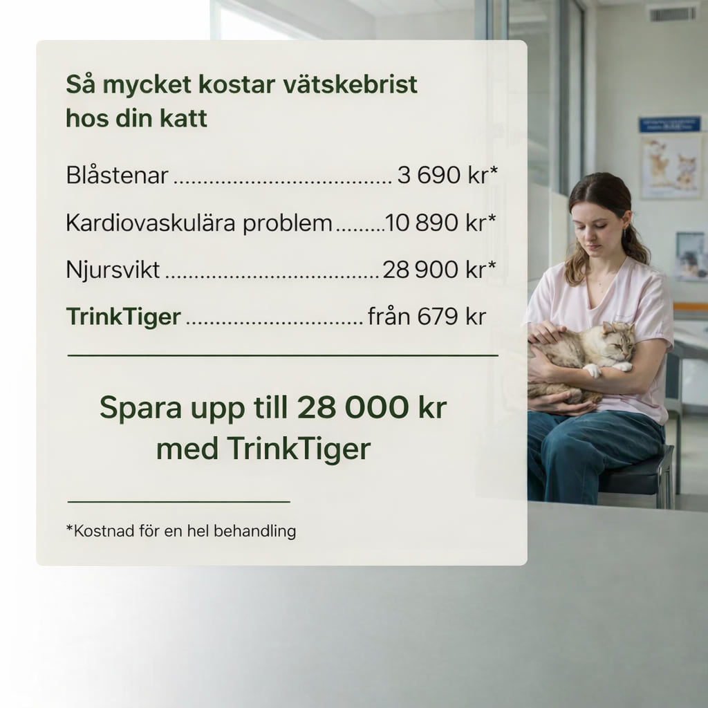 Katt i knät på sin ägare bredvid text om vätskebrist hos katter