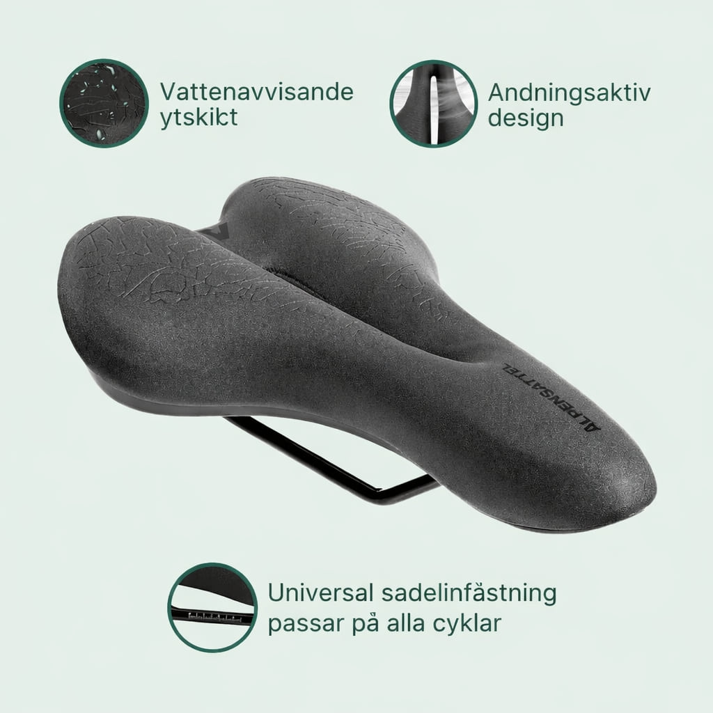 Alpensadel cykelsadel med vattenavvisande yta, andningsaktiv design och universal sadelinfästning
