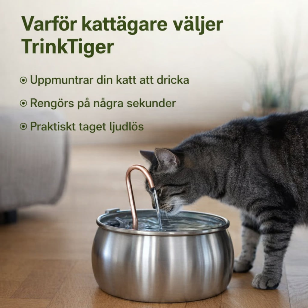 Katt dricker rinnande vatten ur NordFlow kattfontän i rostfritt stål