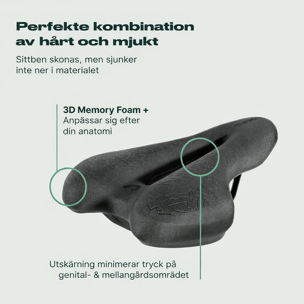 Genomskärning av Alpensadel med 3D memory foam och utskärning som minskar tryck