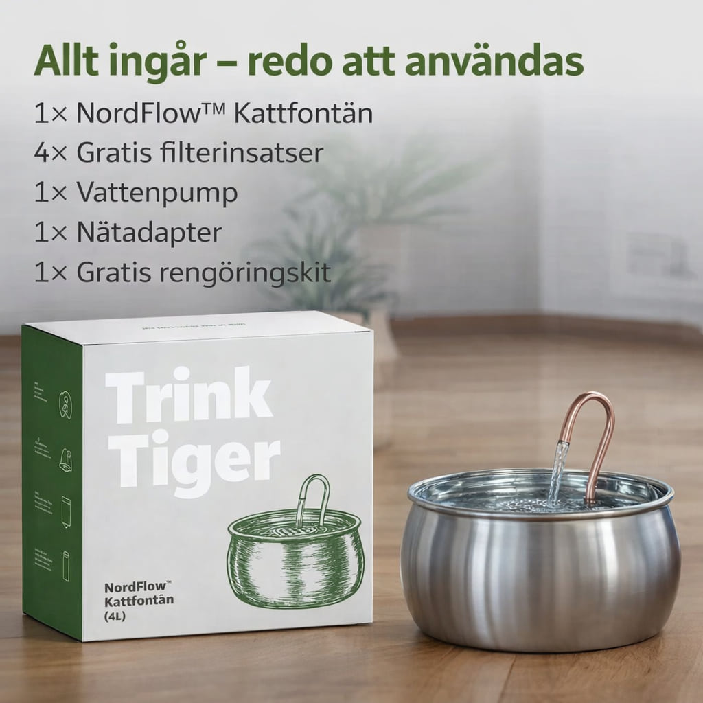 NordFlow kattfontän med förpackning, filter, pump, nätadapter och rengöringskit