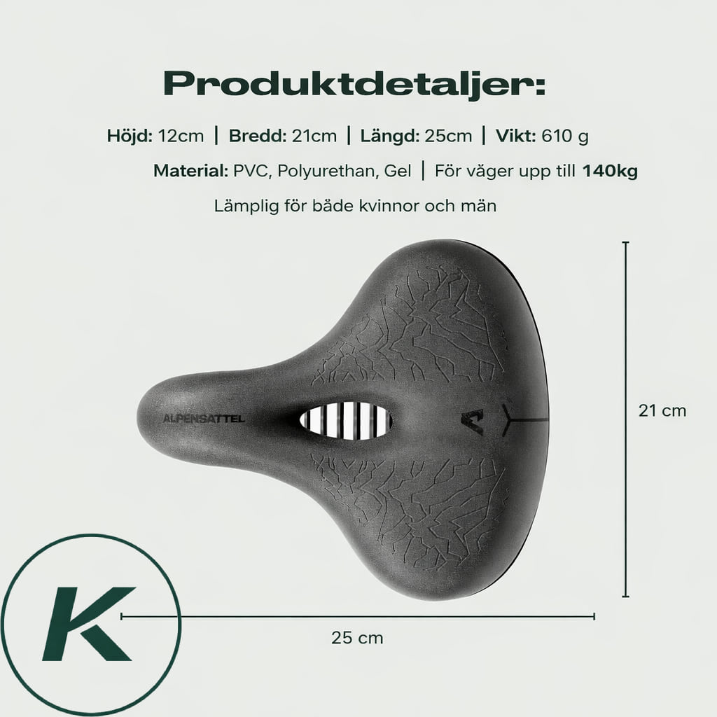 Produktdetaljer Alpensadel Komfort: höjd 12 cm, bredd 21 cm, längd 25 cm, vikt 610 g