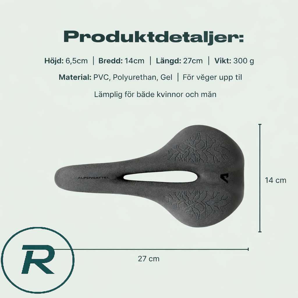 Produktdetaljer Alpensadel Race: höjd 6,5 cm, bredd 14 cm, längd 27 cm, vikt 300 g