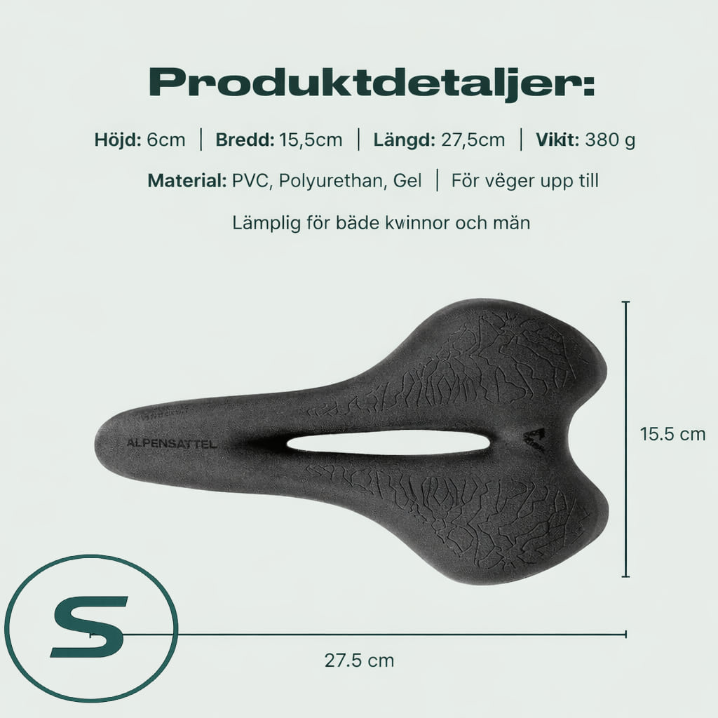 Produktdetaljer Alpensadel Sport: höjd 6 cm, bredd 15,5 cm, längd 27,5 cm, vikt 380 g