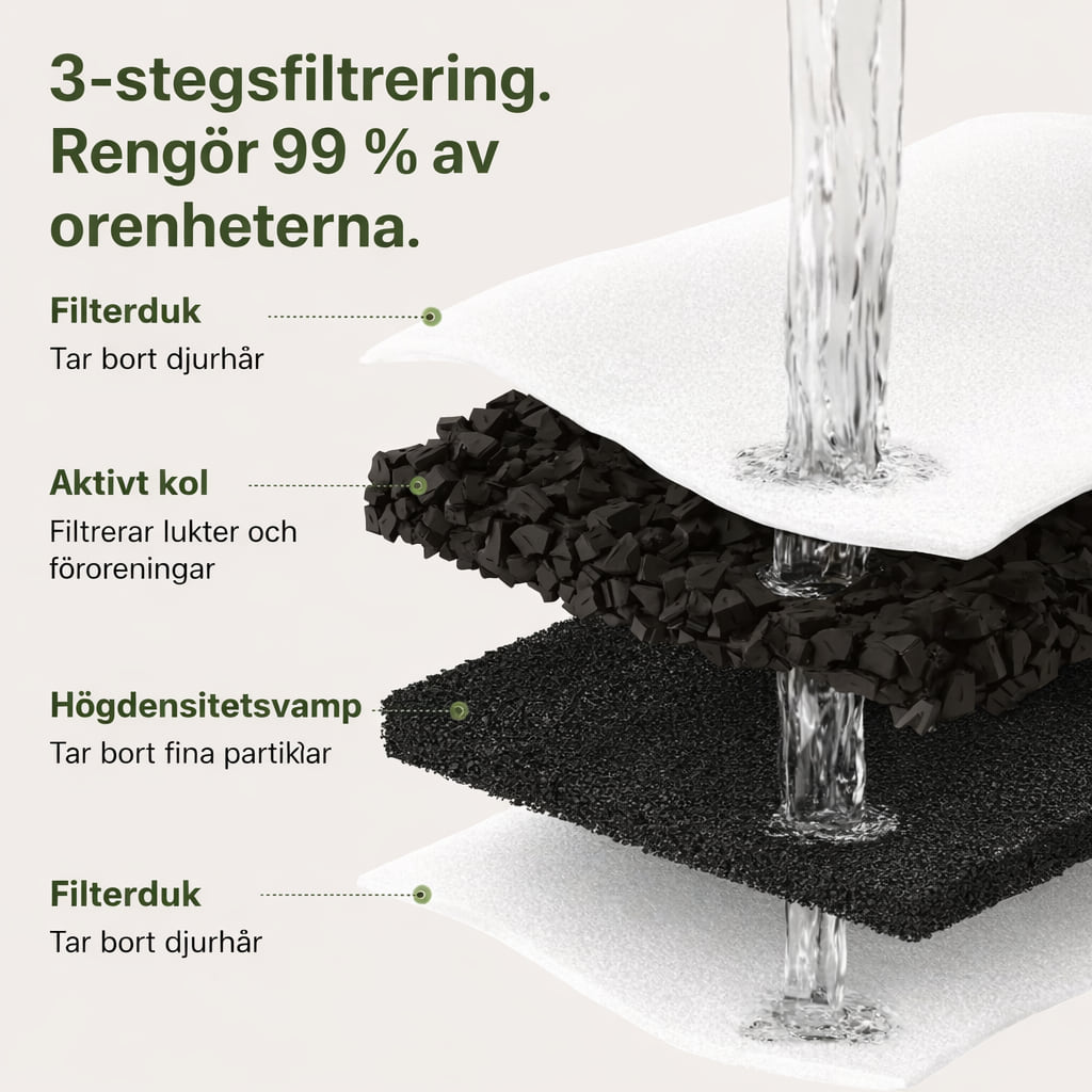 Trestegsfiltrering i NordFlow kattfontän: filterduk, aktivt kol och svamp