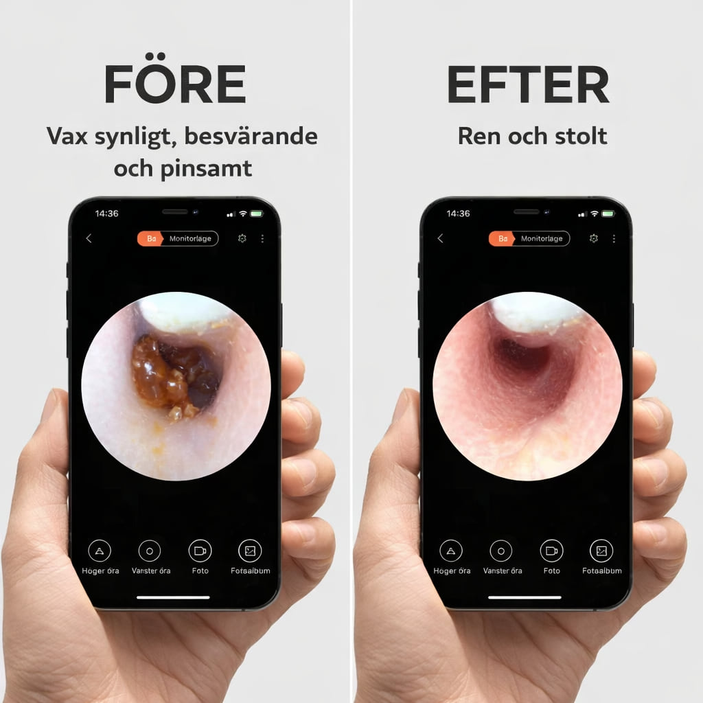 Före och efter: hörselgång med öronvax och rengjord hörselgång på telefonskärm