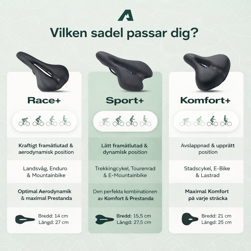 Jämförelse av modellerna Race, Sport och Komfort och vilken sadel som passar dig