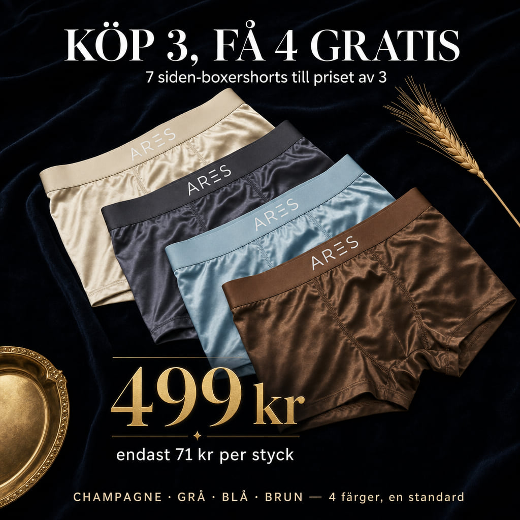 Fyra ARES sidenboxershorts i champagne, grå, blå och brun, köp 3 få 4 gratis