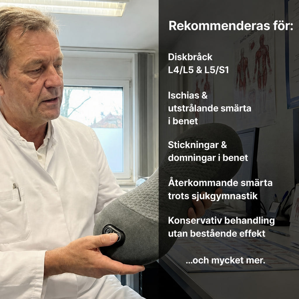 Man i vit rock håller DeepComfort ryggmassagedyna