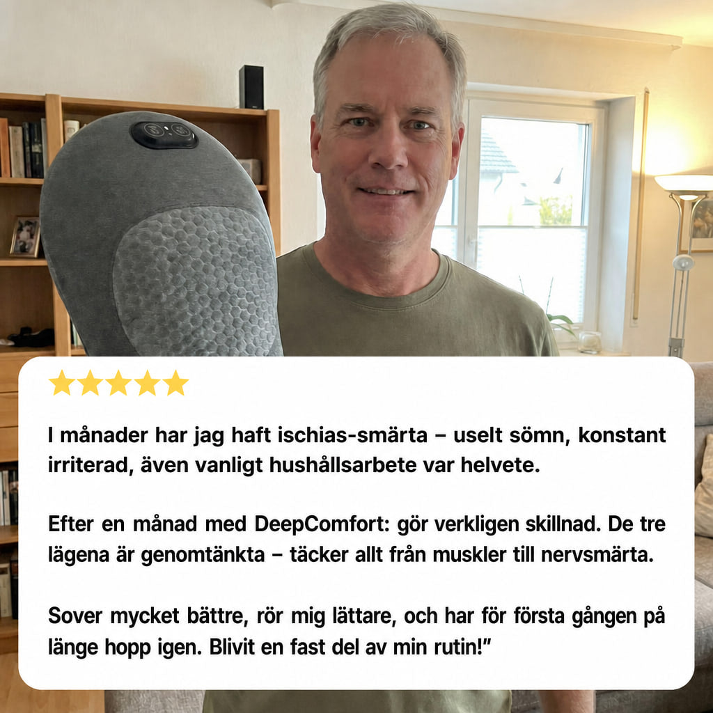 Man i soffa med DeepComfort-dynan bakom ryggen och tummen upp
