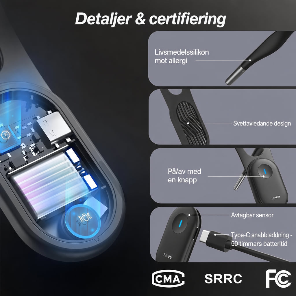 Detaljer på hållningstränaren: silikon, avtagbar sensor och USB-C-laddning