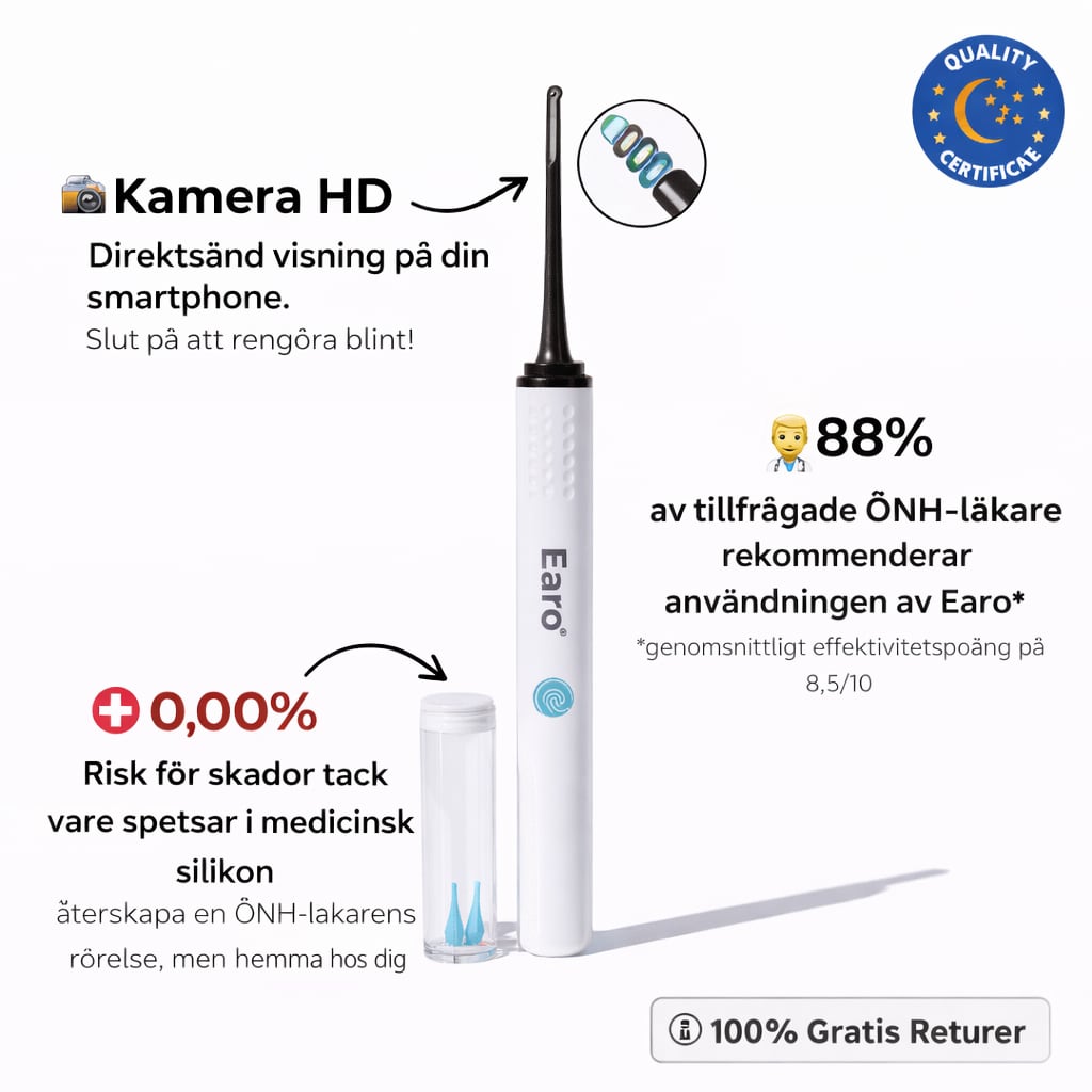 Earo öronrengörare med HD-kamera och silikonspetsar, produktbild med funktioner