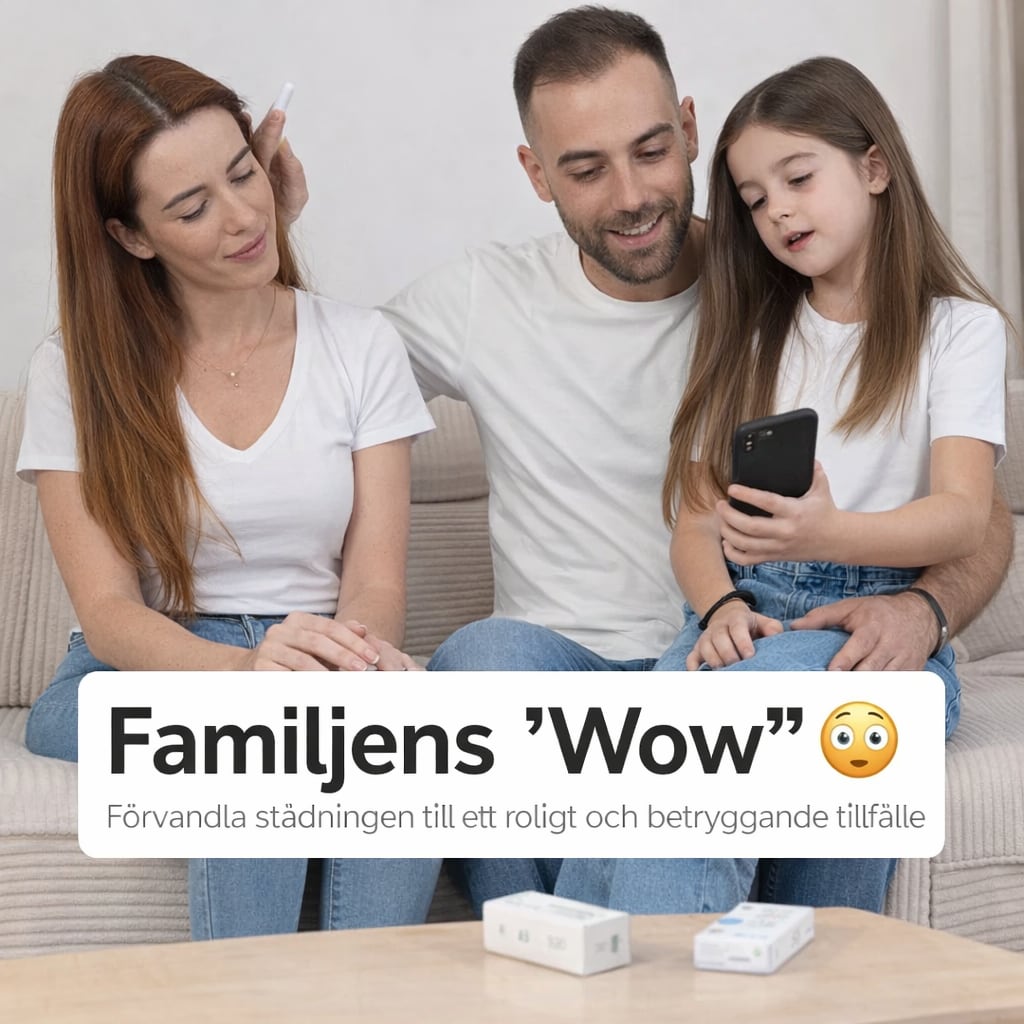 Familj tittar på telefonen medan de använder Earo öronrengörare
