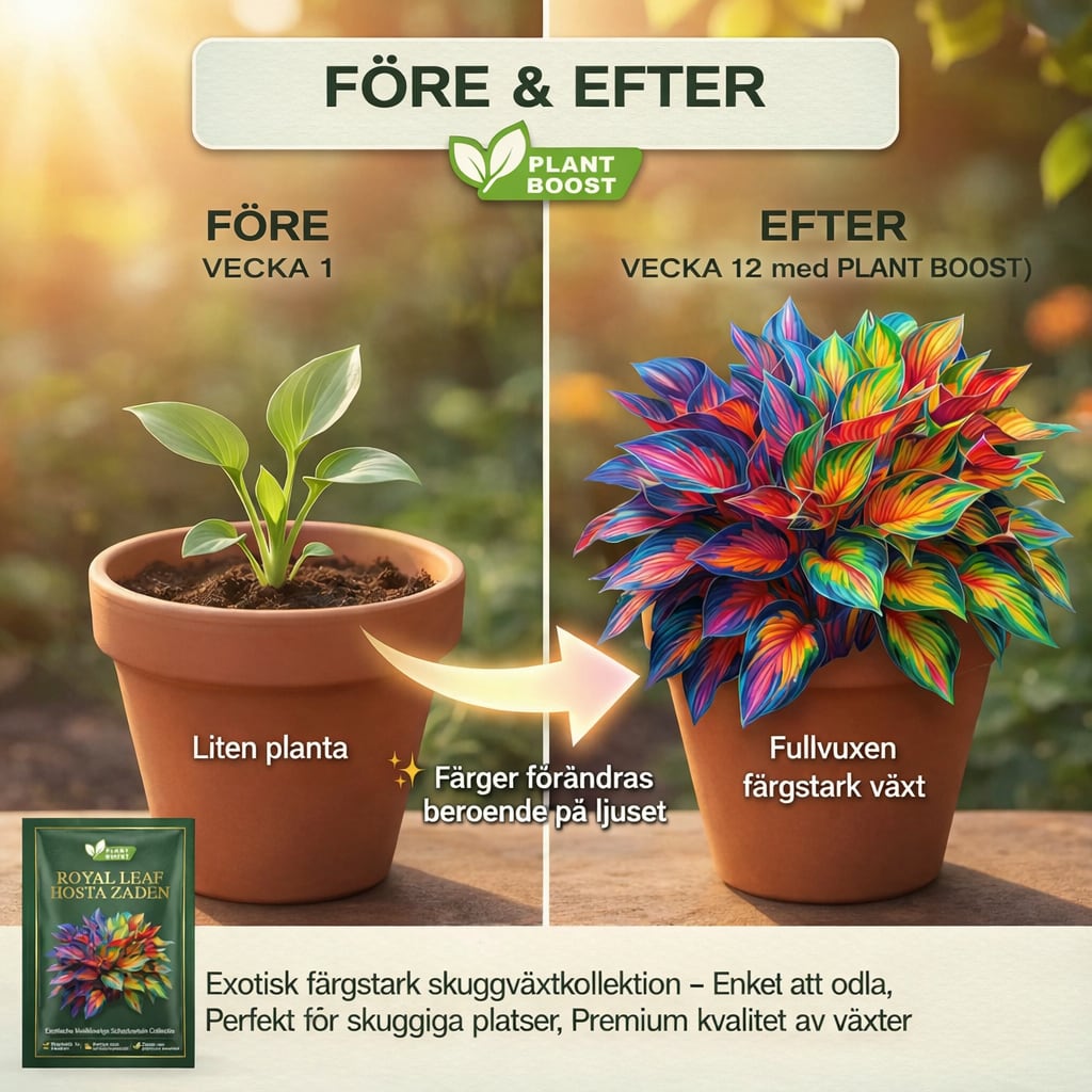 Före och efter: liten planta i kruka och fullvuxen färgstark hosta