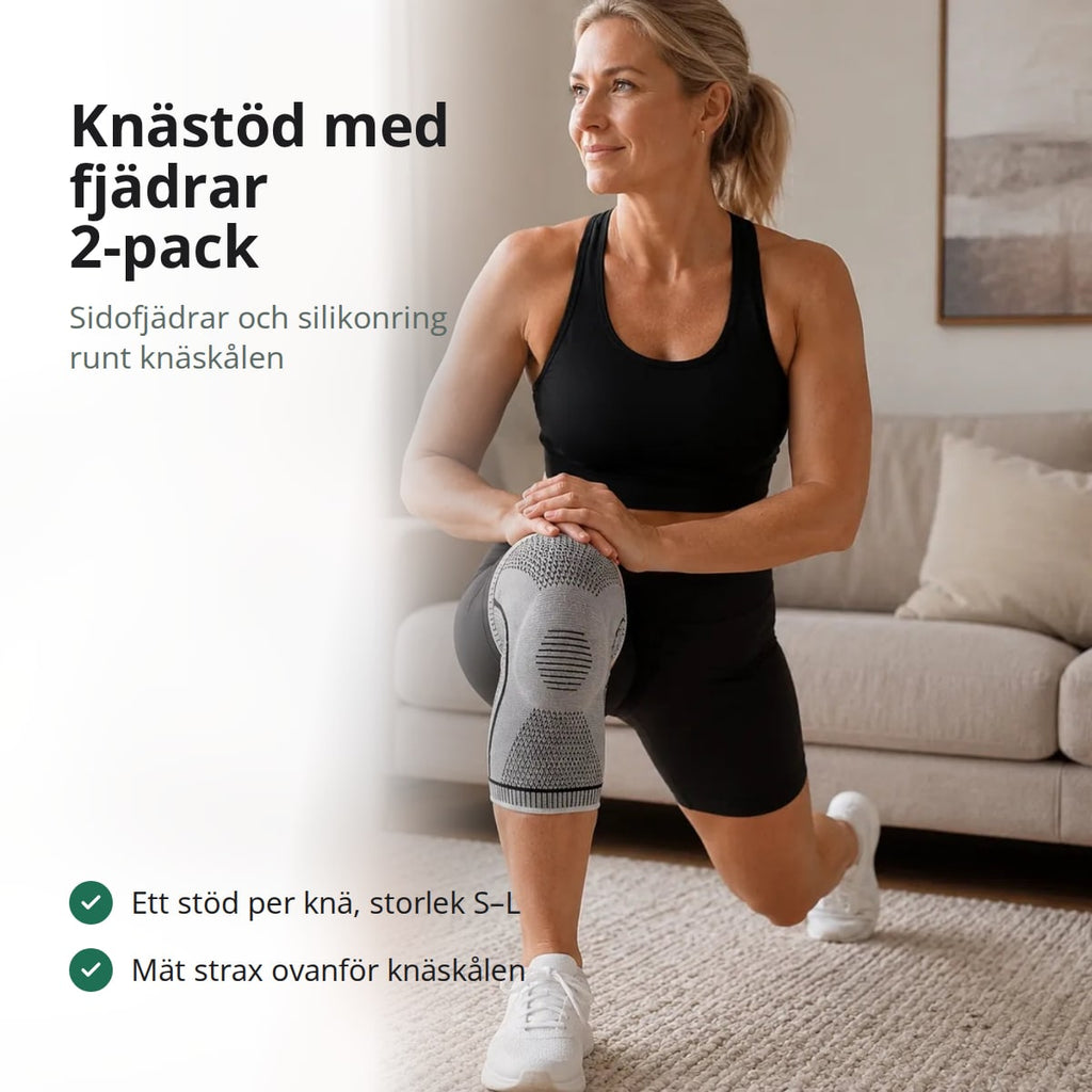 Knästöd med fjädrar, 2-pack: kvinna gör ett utfallssteg hemma med grått knästöd på det främre knäet