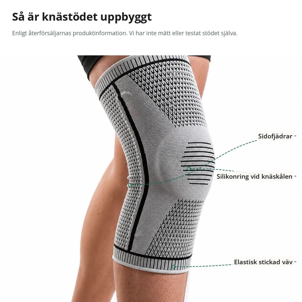 Figur som visar knästödets delar: sidofjädrar, silikonring vid knäskålen och elastisk stickad väv