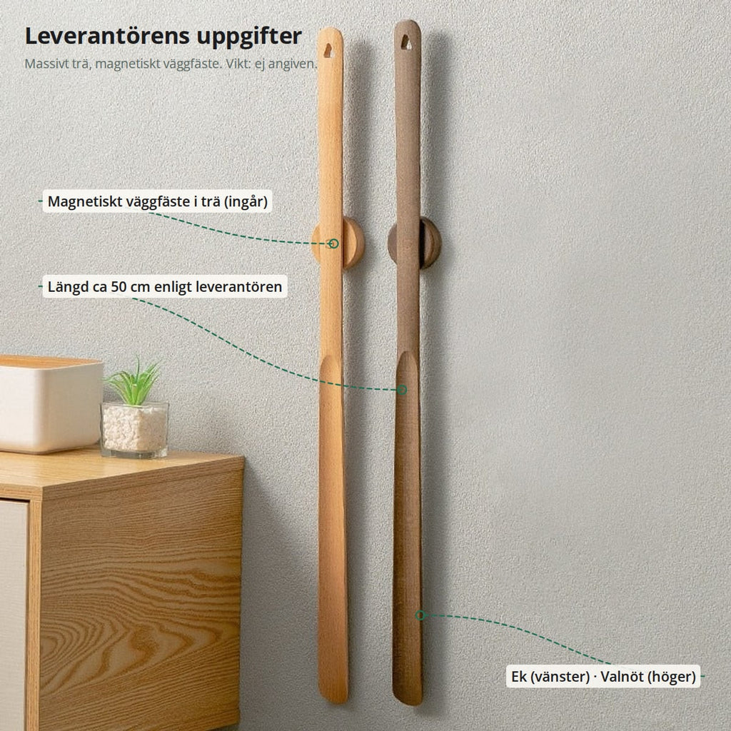 Figur som visar vad leverantören anger: hål för upphängning, magnetiskt väggfäste i trä, längd ca 50 cm, träslag ek och valnöt