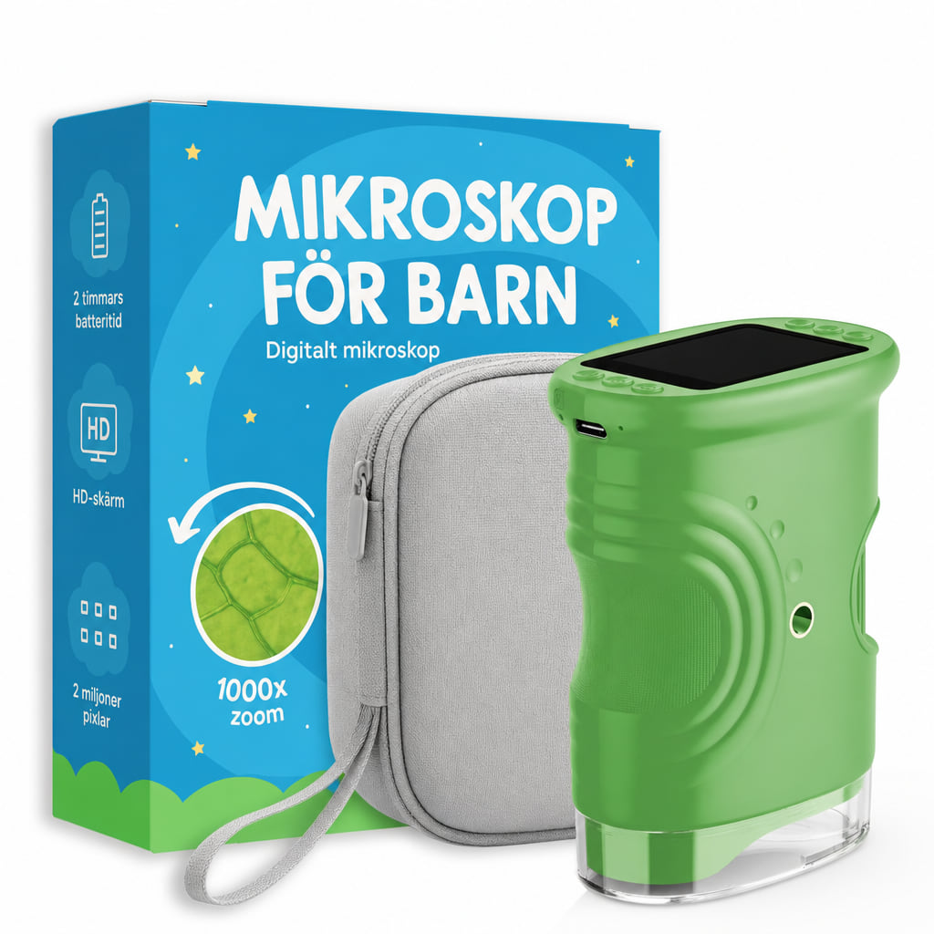 Mikroskop för barn i grönt med förvaringsväska och förpackning