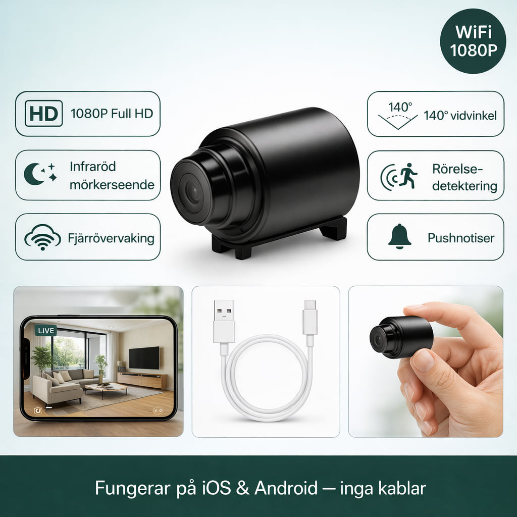 Mini wifi-kamera 1080p med funktioner: HD, 140° vidvinkel, mörkerseende, rörelsedetektering och pushnotiser
