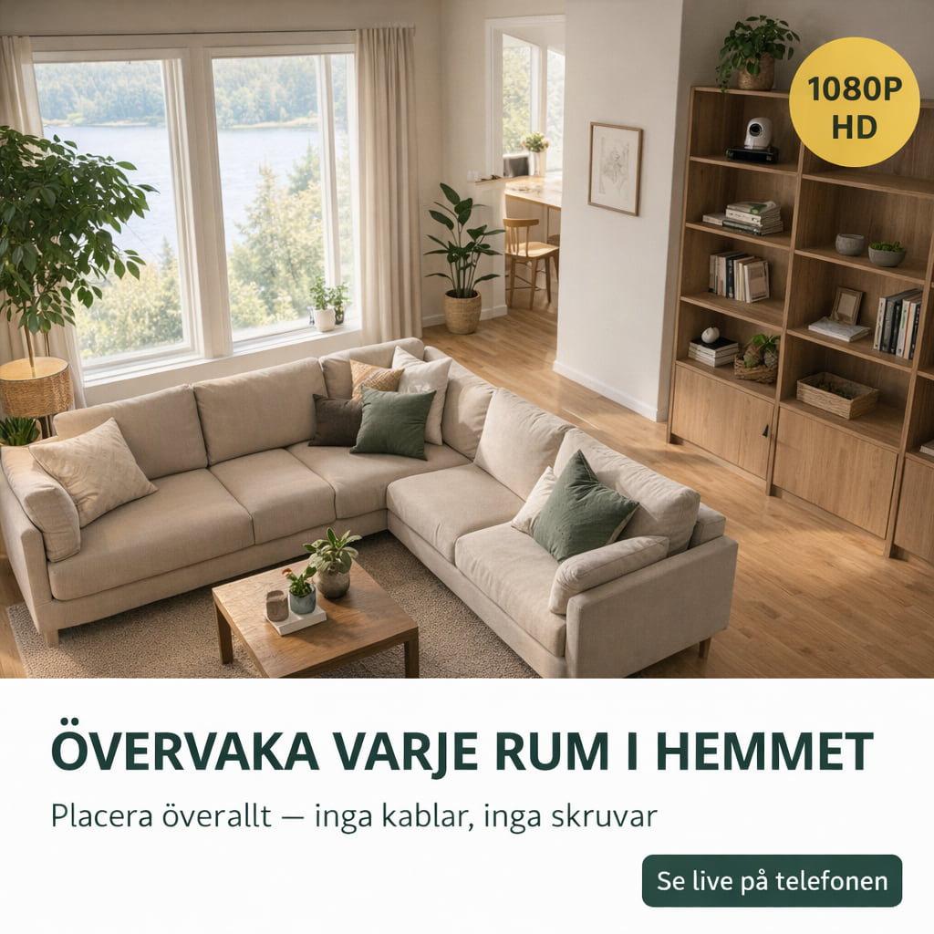 Vardagsrum med text om att övervaka varje rum i hemmet med mini wifi-kameran