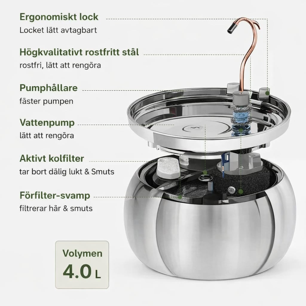 Genomskärning av NordFlow kattfontän: lock, rostfritt stål, pump, kolfilter och förfilter, volym 4 liter