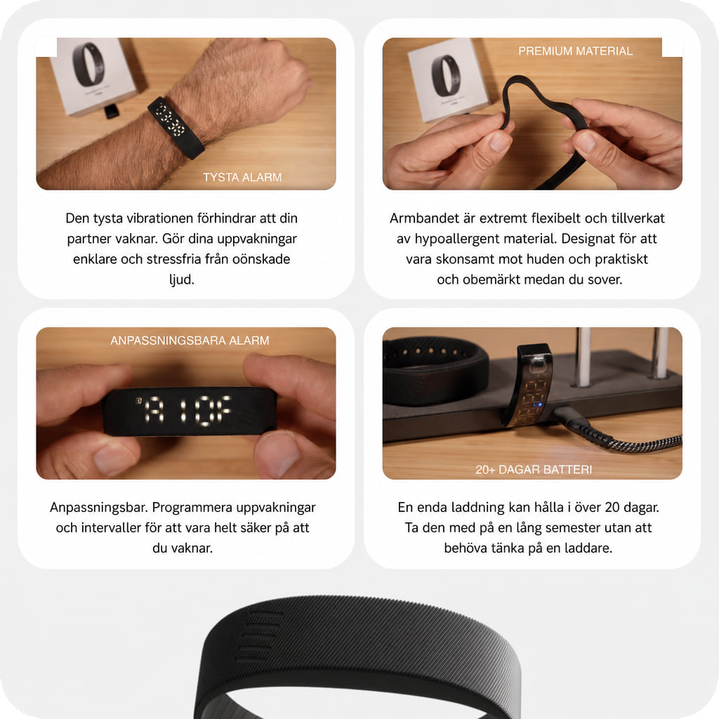 Fyra bilder av Onyx handledsalarm: tyst alarm, flexibelt armband, programmerbar väckning och batteritid