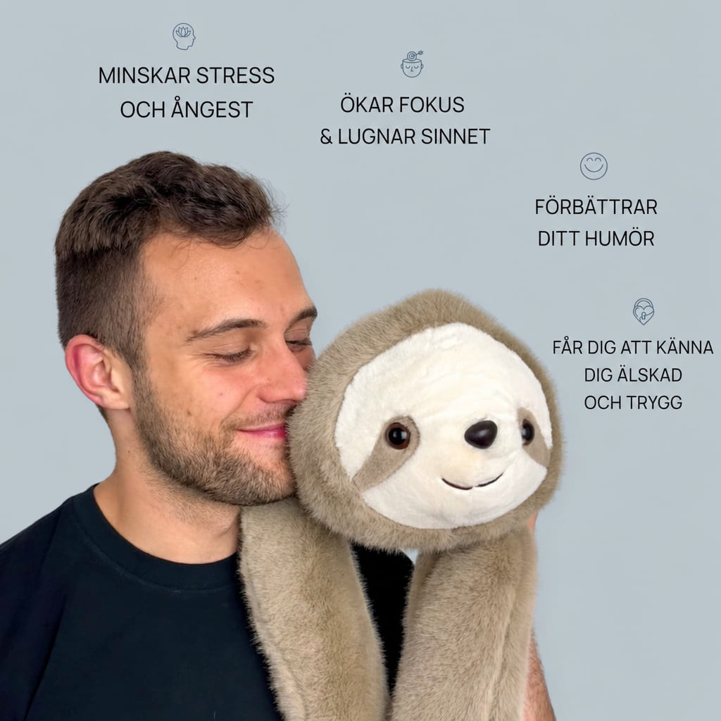 Man med viktat gosedjur sengångare på axeln, infografik