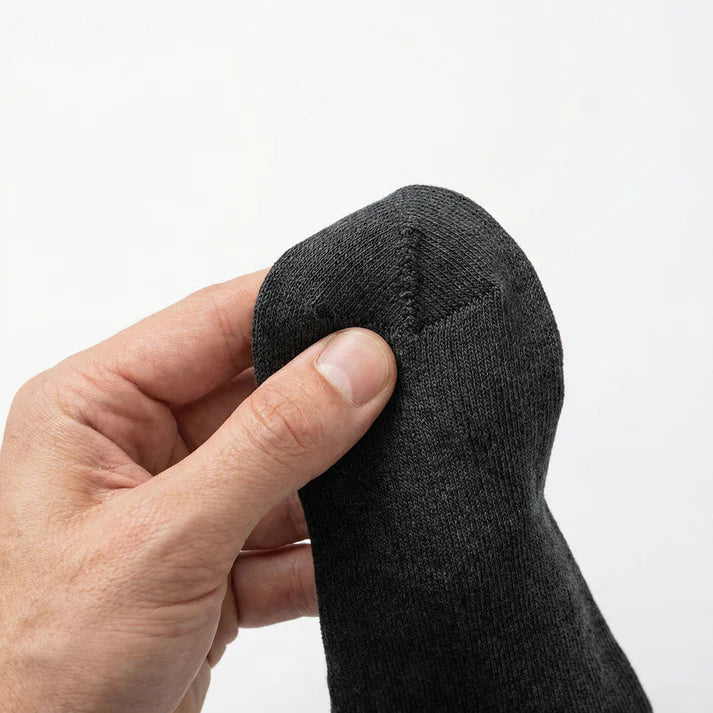 Hand som visar den förstärkta hälen på en mörkgrå bambusocka