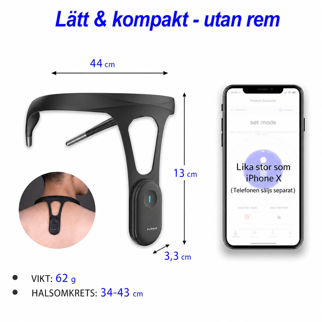 Mått för hållningstränaren: 44 cm bred, 13 cm hög, 62 g, halsomkrets 34–43 cm