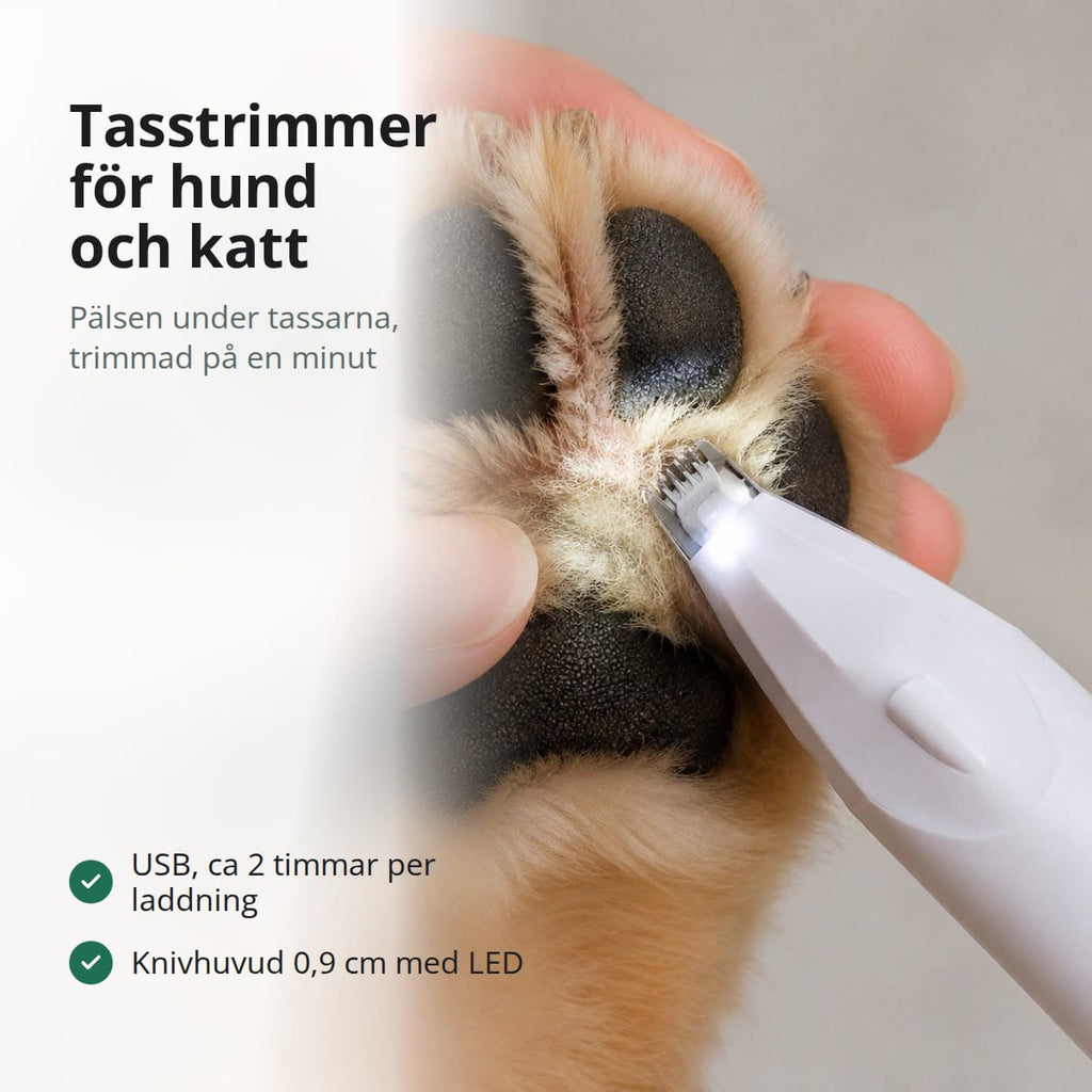 Tasstrimmer för hund och katt med text: USB, ca 2 timmar per laddning, knivhuvud 0,9 cm med LED