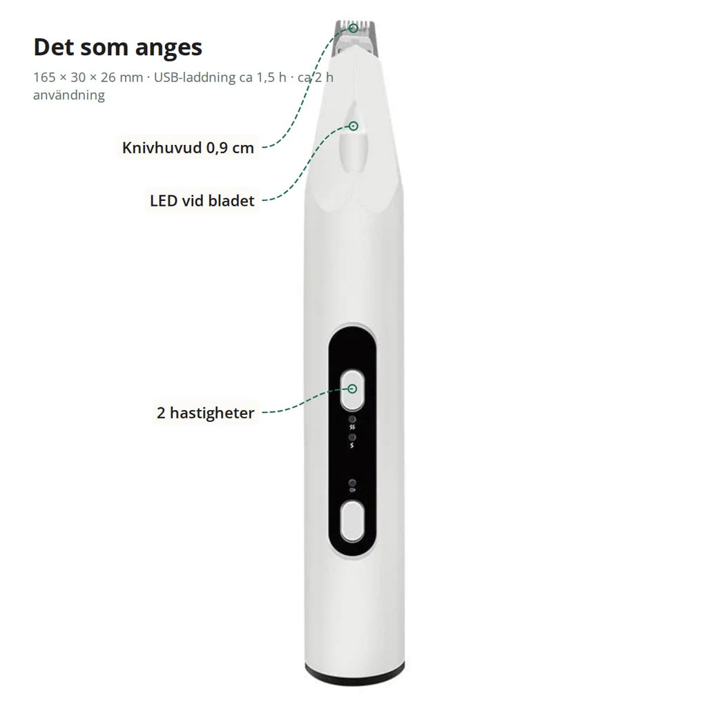 Tasstrimmer med angivna mått: knivhuvud 0,9 cm, LED vid bladet, 2 hastigheter, 165 × 30 × 26 mm