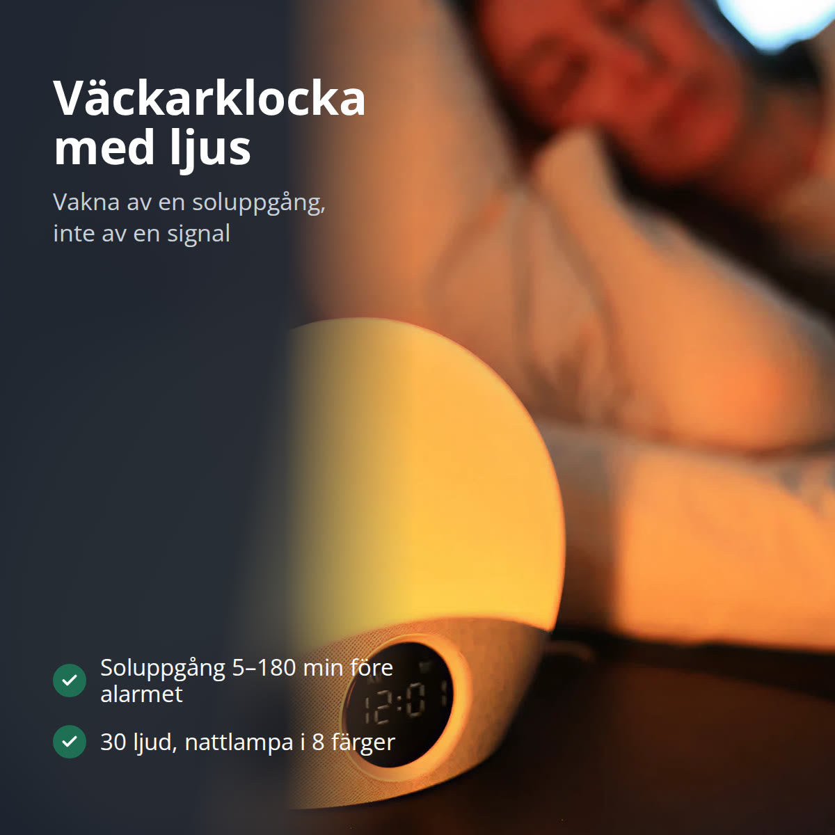 Väckarklocka med ljus med text: soluppgång 5–180 minuter före alarmet, 30 ljud, nattlampa i 8 färger