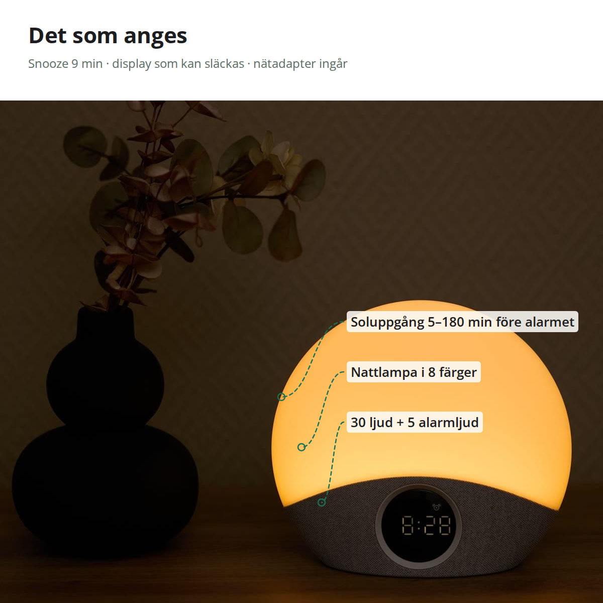 Väckarklockan med angivna funktioner: soluppgång 5–180 min, nattlampa i 8 färger, 30 ljud och 5 alarmljud